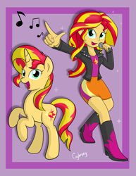 Size: 2975x3850 | Tagged: safe, artist:thebrokencog, sunset shimmer, pony, unicorn, equestria girls, human ponidox, microphone, self ponidox