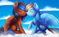 Size: 3851x2444 | Tagged: safe, artist:scarlet-spectrum, derpibooru import, rainbow dash, oc, pegasus, pony, blushing, boop, canon x oc, cloud, commission, eyes closed, female, male, noseboop, raised hoof, sitting, straight