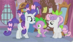 Size: 270x158 | Tagged: safe, screencap, rarity, spike, sweetie belle, dragon, pony, unicorn, sisterhooves social, animated