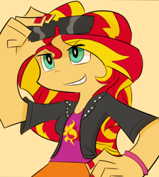 Size: 776x866 | Tagged: safe, artist:lance, sunset shimmer, equestria girls, panty and stocking with garterbelt, smiling, smirk, solo, style emulation, sunglasses