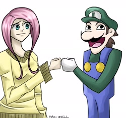 Size: 3000x2820 | Tagged: safe, artist:tao-mell, fluttershy, awesome face, brofist, clothes, crossover, high res, humanized, luigi, super mario bros., sweater, sweatershy, weegee