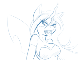 Size: 1069x832 | Tagged: safe, artist:ambris, queen chrysalis, anthro, changeling, changeling queen, blushing, breasts, fangs, female, long tongue, monochrome, queen chrysaltits, shoulderless, solo, tongue out