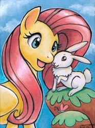 Size: 446x600 | Tagged: safe, artist:aokibengal, angel bunny, fluttershy, pegasus, pony, female, mare, traditional art