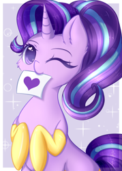 Size: 1280x1787 | Tagged: safe, artist:fluffymaiden, starlight glimmer, pony, unicorn, bronybait, clothes, cute, female, glimmerbetes, heart, heart eyes, looking at you, mare, moe, mouth hold, one eye closed, socks, solo, weapons-grade cute, wingding eyes, wink