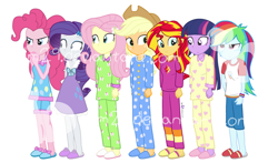 Size: 780x460 | Tagged: safe, artist:dm29, applejack, fluttershy, pinkie pie, rainbow dash, rarity, sunset shimmer, twilight sparkle, twilight sparkle (alicorn), alicorn, equestria girls, rainbow rocks, clothes, humane seven, humane six, mane six, nightgown, pajamas, slippers, watermark