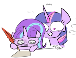 Size: 1042x794 | Tagged: safe, artist:nobody, starlight glimmer, twilight sparkle, twilight sparkle (alicorn), alicorn, pony, female, grin, hoof hold, mare, nervous, smiling, studying, sweat, wide eyes, writing