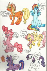 Size: 1304x1947 | Tagged: safe, artist:halidarkfire, derpibooru import, applejack, fluttershy, pinkie pie, rainbow dash, rarity, twilight sparkle, earth pony, pegasus, pony, unicorn, dialogue, mane six, sketch dump, speech bubble, traditional art