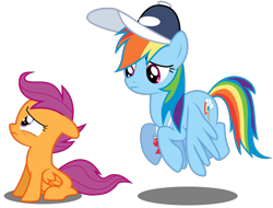Size: 1438x1092 | Tagged: safe, artist:byteslice, derpibooru import, rainbow dash, scootaloo, pegasus, pony, .svg available, female, filly, hat, mare, simple background, svg, transparent background, vector, whistle
