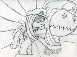 Size: 1039x766 | Tagged: safe, artist:thebigapple, fluttershy, pegasus, pony, robot, bro-bot, clothes, costume, crossover, hat, luigi, mask, monochrome, mr. l, nintendo, paper mario, parody, ponified, sketch, super mario bros., super paper mario, traditional art