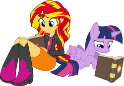 Size: 4309x3000 | Tagged: safe, artist:ruinedomega, sunset shimmer, twilight sparkle, twilight sparkle (alicorn), alicorn, equestria girls, rainbow rocks, book, journey book, lying down, ponyscape, sitting