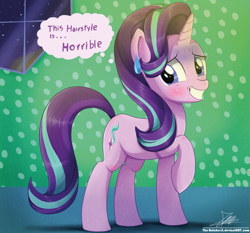 Size: 1871x1742 | Tagged: safe, artist:the-butch-x, starlight glimmer, pony, unicorn, female, grin, looking at you, mare, new hairstyle, raised hoof, smiling, solo, sweat, window