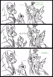 Size: 1556x2246 | Tagged: safe, artist:rossmaniteanzu, king sombra, queen chrysalis, oc, oc:tenebris, changeling, changeling queen, hybrid, pony, unicorn, chrysombra, comic, interspecies offspring, male, mommy chrissy, monochrome, offspring, parent:king sombra, parent:queen chrysalis, parents:chrysombra, shipping, sketch, straight