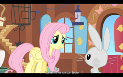 Size: 768x480 | Tagged: safe, screencap, angel bunny, fluttershy, pegasus, pony, putting your hoof down, bill clinton, hub logo, youtube caption