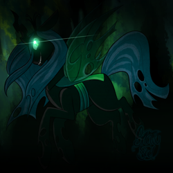 Size: 1440x1440 | Tagged: safe, artist:snowyfool, queen chrysalis, changeling, changeling queen, evil grin, fangs, glowing eyes, profile, signature, solo