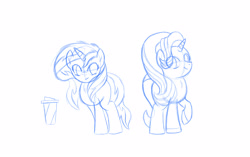 Size: 3500x2200 | Tagged: safe, artist:ideltavelocity, starlight glimmer, sunset shimmer, pony, unicorn, coffee cup, cup, leg warmers, monochrome, twilight's counterparts, wip