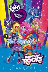 Size: 1024x1509 | Tagged: safe, derpibooru import, applejack, dj pon-3, fluttershy, pinkie pie, rainbow dash, rarity, twilight sparkle, vinyl scratch, equestria girls, rainbow rocks, book, drama, midriff, rainbow rocks (book)