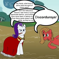 Size: 1301x1301 | Tagged: safe, artist:cedar13, discord, rarity, oc, oc:pun, earth pony, pony, unicorn, ask, ask pun, cape, clothes, comic, dialogue, dress, female, interrupted, mare, misspelling, pun, tumblr