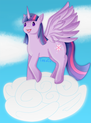 Size: 738x1000 | Tagged: safe, artist:takoto, derpibooru import, twilight sparkle, twilight sparkle (alicorn), alicorn, pony, female, mare, open mouth, smiling, standing