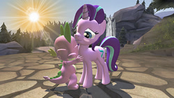 Size: 1280x720 | Tagged: safe, artist:panzerpiel, spike, starlight glimmer, dragon, pony, unicorn, 3d, blushing, degroot keep, female, forest, gmod, hug, male, nature, shipping, sparlight, straight, sun, tree, waterfall