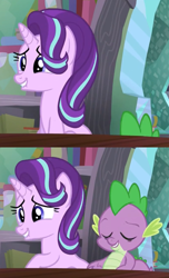 Size: 1200x1968 | Tagged: safe, screencap, spike, starlight glimmer, dragon, pony, unicorn, the crystalling, book, eyes closed, lip bite, smiling, table, teeth, unf