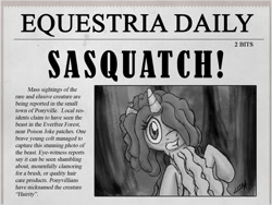 Size: 800x600 | Tagged: safe, artist:subtlepixel, rarity, pony, unicorn, equestria daily, hairity, newspaper, poison joke, sasquatch