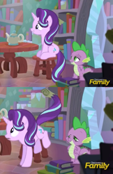Size: 1200x1850 | Tagged: safe, screencap, spike, starlight glimmer, dragon, pony, unicorn, the crystalling, book, chair, discovery family logo, eyes on the prize, lidded eyes, smiling, table, teapot