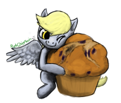 Size: 654x559 | Tagged: safe, artist:ratchieftain, derpy hooves, pegasus, pony, female, food, giant muffin, impossibly large muffin, mare, muffin, simple background, smiling, solo, that pony sure does love muffins, white background