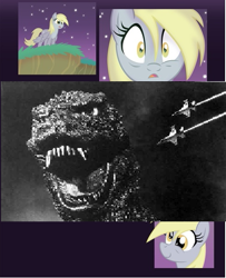 Size: 489x601 | Tagged: safe, derpy hooves, kaiju, pegasus, pony, discovery meme, exploitable meme, female, godzilla, godzilla (series), godzilla 1984, mare, meme