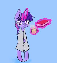 Size: 1000x1111 | Tagged: safe, artist:pyupew, derpibooru import, twilight sparkle, pony, bipedal, book, clothes, coffee, magic, morning ponies, robe, solo