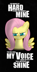 Size: 784x1500 | Tagged: dead source, safe, artist:seabastian, fluttershy, pegasus, pony, black background, bust, female, full face view, mare, quote, simple background, solo, song reference, spread wings, teary eyes, wings