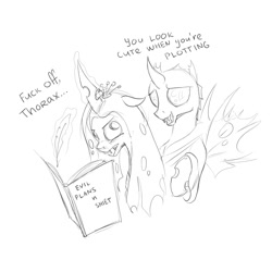 Size: 1500x1500 | Tagged: safe, artist:ponyjob, queen chrysalis, thorax, changeling, changeling queen, book, crown, dialogue, floppy ears, jewelry, magic, monochrome, open mouth, quill, regalia, telekinesis, vulgar