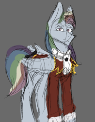 Size: 614x784 | Tagged: safe, artist:al1-ce, derpibooru exclusive, derpibooru import, rainbow dash, pegasus, pony, clothes, discorded, gray background, rainbow dantes, simple background, sketch, solo, the count of monte cristo, the count of monte rainbow, wip