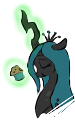 Size: 491x839 | Tagged: safe, artist:noveltmods, queen chrysalis, changeling, changeling queen, eating, female, food, muffin, solo