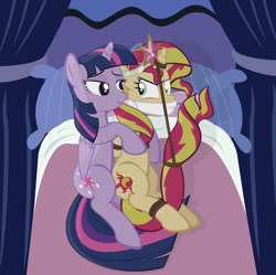 Size: 1024x1019 | Tagged: safe, artist:radiantrealm, sunset shimmer, twilight sparkle, twilight sparkle (alicorn), alicorn, pony, unicorn, equestria girls, bed, big crown thingy, bondage, box tied, cloth gag, crown, femsub, gag, rope, show accurate, submissive, subset, twidom