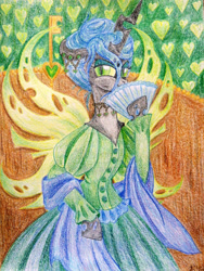 Size: 900x1194 | Tagged: safe, artist:oriwhitedeer, queen chrysalis, changeling, changeling queen, alternate hairstyle, clothes, dress, fan, solo, traditional art