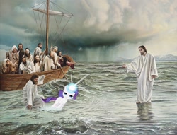 Size: 750x572 | Tagged: safe, rarity, pony, unicorn, blank flank, jesus christ, ocean, rariquest, walking on water, younger