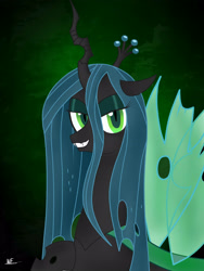 Size: 2448x3264 | Tagged: safe, artist:ollofkyser, queen chrysalis, changeling, changeling queen, evil grin, looking at you, simple background, solo