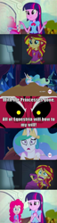 Size: 500x1955 | Tagged: safe, lord tirek, pinkie pie, princess celestia, sunset shimmer, twilight sparkle, twilight sparkle (alicorn), alicorn, equestria girls, rainbow rocks, celestia's nightmare, exploitable meme, image macro, meme, memeception, pinkie sticks her face into the portal meme, sunset screamer, tirek vs everyone meme