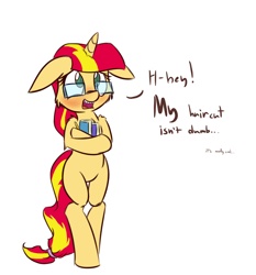 Size: 700x750 | Tagged: safe, artist:heir-of-rick, sunset shimmer, pony, semi-anthro, unicorn, adorkable, alternate hairstyle, bipedal, blushing, book, braces, cute, dork, floppy ears, fluffy, glasses, nerd, open mouth, shimmerbetes, solo