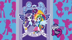 Size: 2560x1440 | Tagged: safe, derpibooru import, rainbow dash, rarity, equestria girls, emblem, equestria girls logo, equestria girls plus, high school, mlp club, my little pony logo, official, ponied up, stock vector, wallpaper