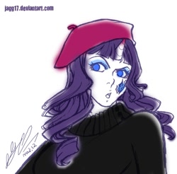 Size: 900x887 | Tagged: safe, artist:jagg17, rarity, sweet and elite, alternative cutie mark placement, beatnik rarity, beret, clothes, facial cutie mark, hat, horned humanization, humanized, sketch