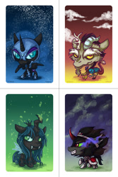 Size: 934x1400 | Tagged: safe, artist:kiriska, discord, king sombra, nightmare moon, queen chrysalis, changeling, changeling queen, pony, unicorn, antagonist, chibi