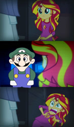 Size: 349x599 | Tagged: safe, sunset shimmer, equestria girls, rainbow rocks, exploitable meme, luigi, meme, sunset screamer, super mario bros., weegee