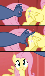 Size: 1280x2160 | Tagged: safe, edit, screencap, fluttershy, iron will, pegasus, pony, putting your hoof down, butt touch, comic, flutterbutt, plot, screencap comic, smiling, wingboner