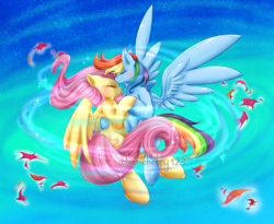 Size: 2200x1800 | Tagged: safe, artist:chichicherry123, derpibooru import, fluttershy, rainbow dash, pegasus, pony, cute, dancing, female, flutterdash, flying, lesbian, mare, shipping, watermark