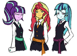 Size: 932x674 | Tagged: safe, artist:angeltorchic, sonata dusk, starlight glimmer, sunset shimmer, equestria girls, canterlot academia, clothes, little witch academia, ponytail, school uniform, simple background, skirt