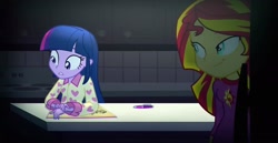 Size: 2560x1316 | Tagged: safe, screencap, sunset shimmer, twilight sparkle, equestria girls, rainbow rocks, clothes, pajamas, pen