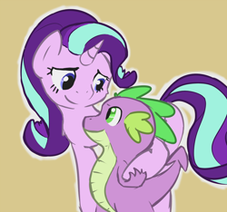 Size: 1000x937 | Tagged: safe, artist:brownie-bytes, edit, spike, starlight glimmer, dragon, pony, unicorn, cropped, cute, duo, female, hug, looking at each other, male, mare, shipping, sparlight, spikelove, straight