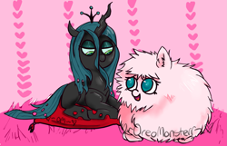 Size: 2133x1376 | Tagged: safe, artist:oreomonsterr, queen chrysalis, oc, oc:fluffle puff, changeling, changeling queen, canon x oc, chibi, chrysipuff, female, lesbian, mare, shipping