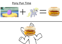 Size: 900x639 | Tagged: safe, artist:notallbrony, derpy hooves, spike, dragon, pegasus, pony, egg (food), female, food, mare, pun